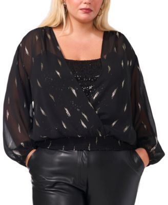 Vince Camuto - Plus Size Surplice Long-Sleeve Top with Sequin Camisole