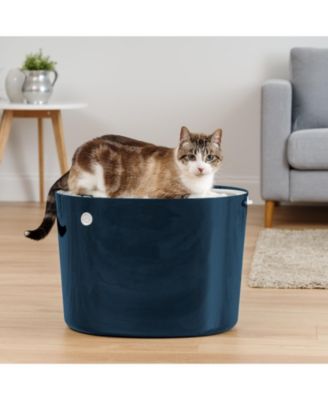 USA Large Stylish Round Top Entry Cat Litter Box with Scoop, Curved Kitty Litter Pan with Litter Particle Catching, Navy/White