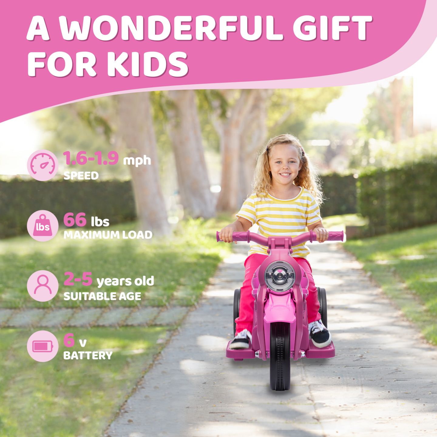 Детская игрушка Qaba Ride-On Motorcycle with 6V Battery, Bubble & Music, 66 lb Capacity, Ages 2+, цвет: Розовый — фото 6