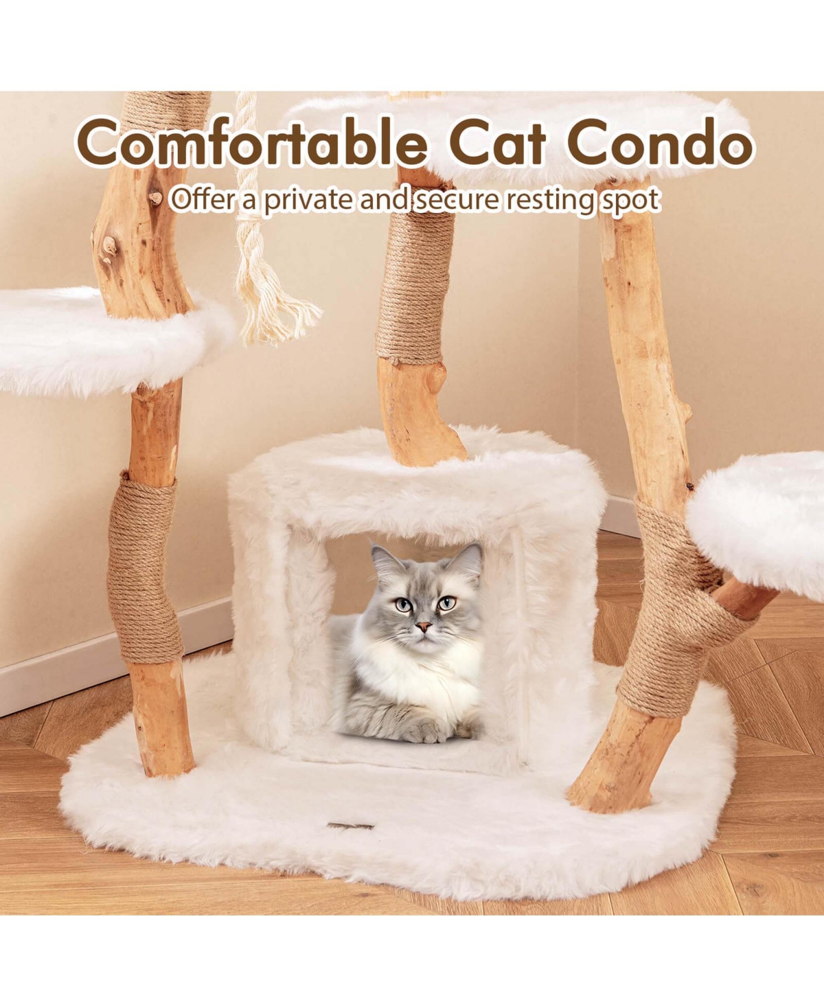Costway Tall Solid Wood Cat Tree with Perch Condo Jute Scratching Posts Sisal Rope
