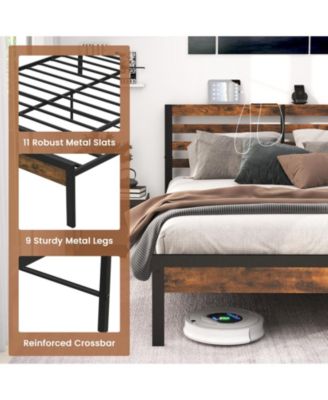 Full Size Bed Frame with Charging Station and Storage Headboard
