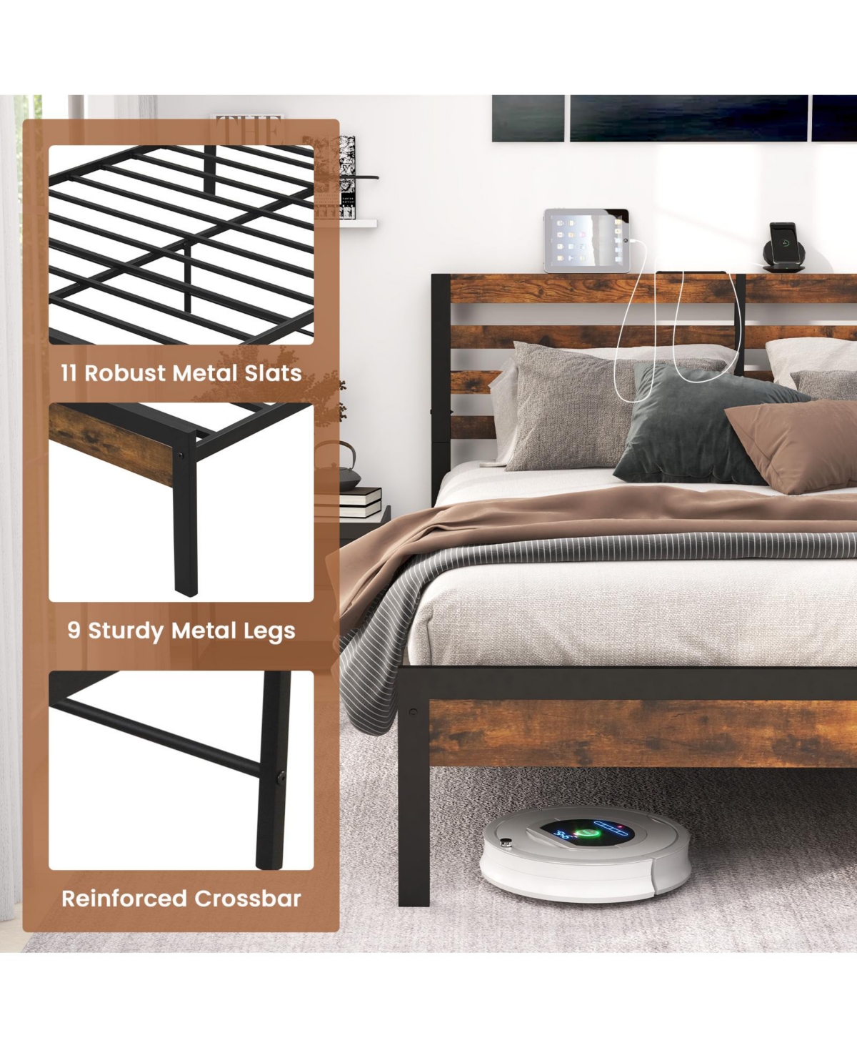 Sugift Full Size Bed Frame with Charging Station and Storage Headboard