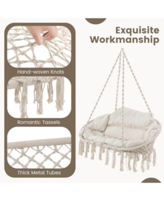 Hand-Woven Rope Hanging Chair with Thick Cushion and Folding Metal Frame