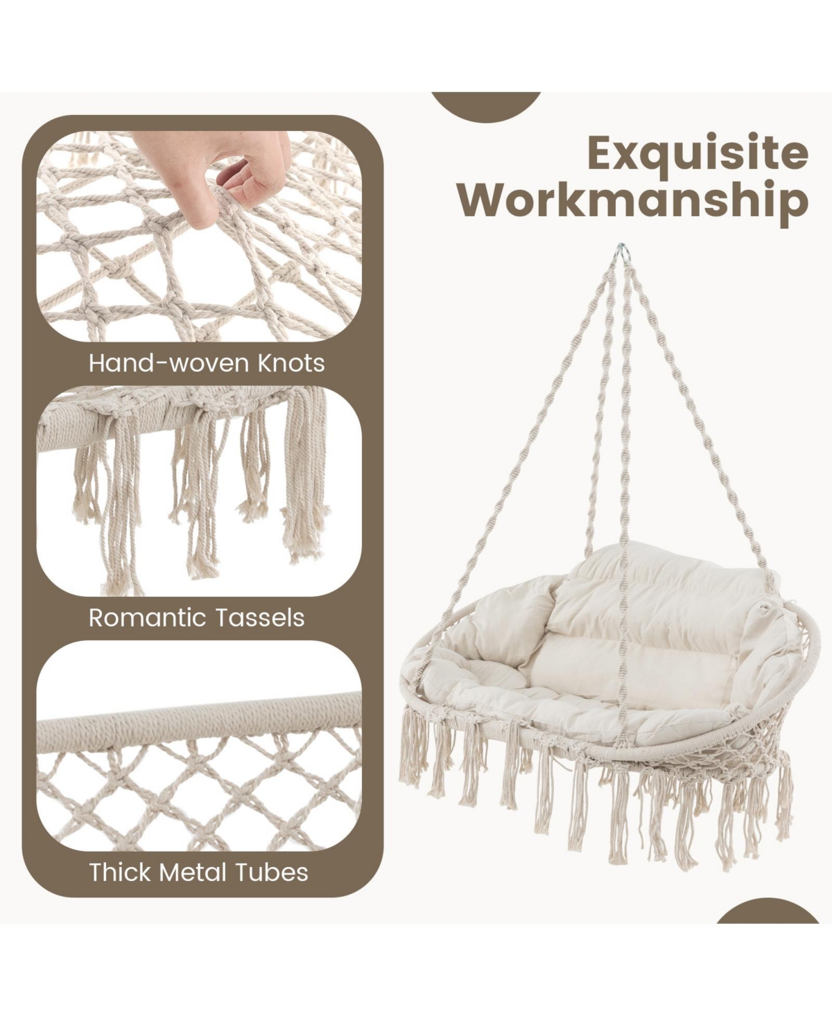 Gouun Hand-Woven Rope Hanging Chair with Thick Cushion and Folding Metal Frame