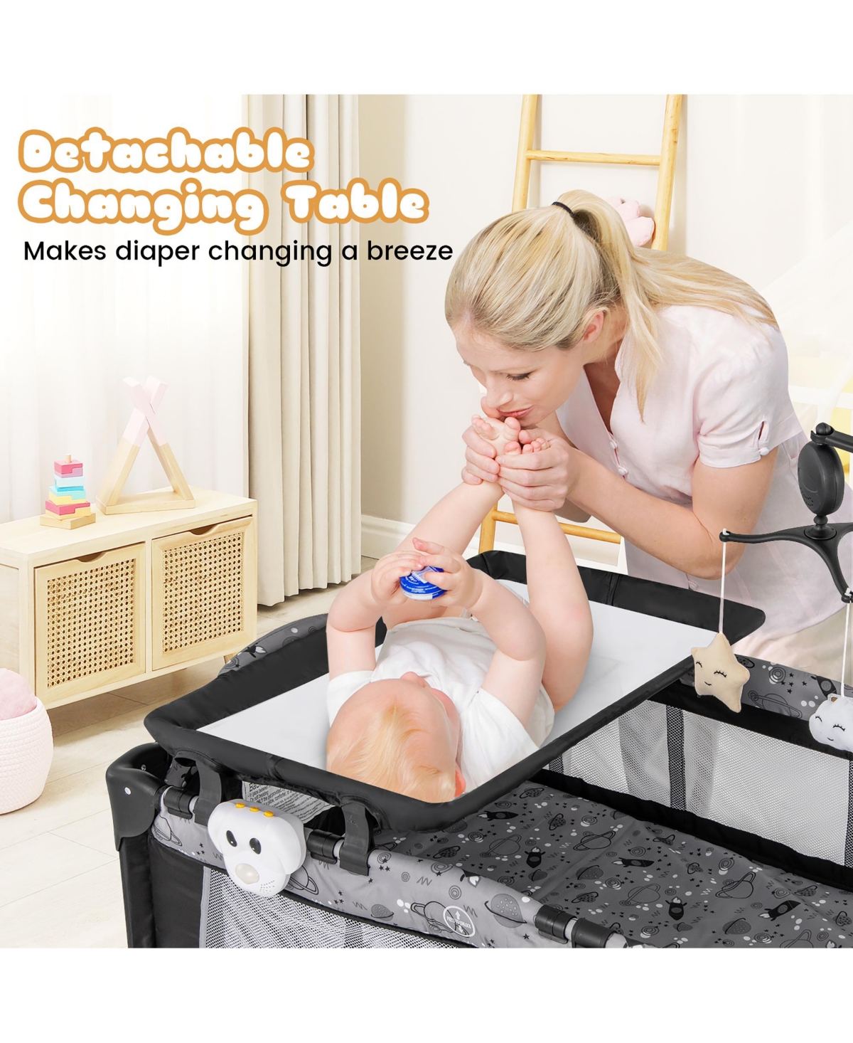 Gymax Portable Baby Playard Nursery Center Crib Bassinet w/ Hanging Toys & Music Box