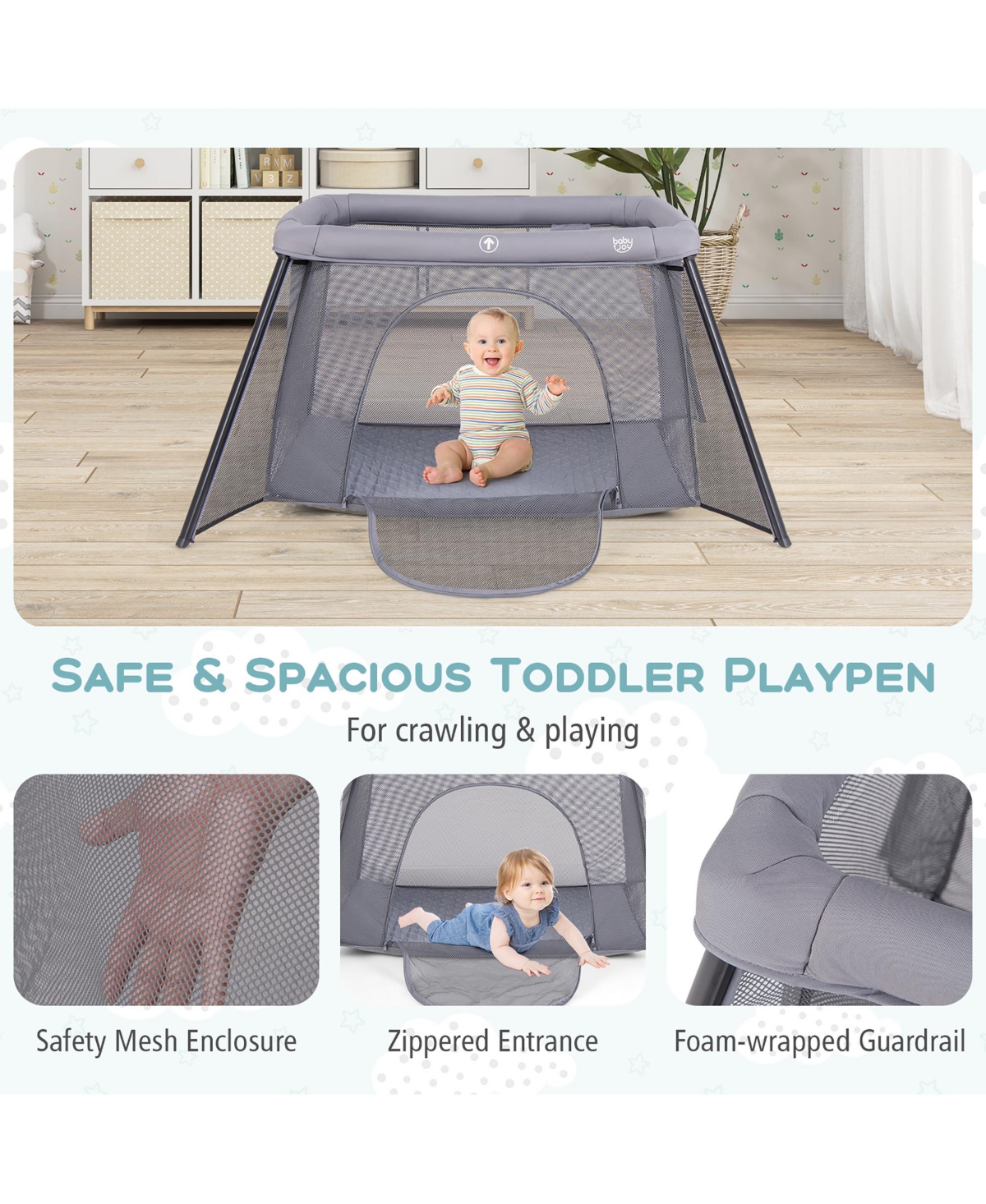 Gymax Travel Crib w/ Safety Enclosure & Padded Mattress Carrying Bag Indoor & Outdoor