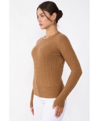 Women's 100% Cashmere Cable-knit Long Sleeve Pullover Crew Neck Sweater