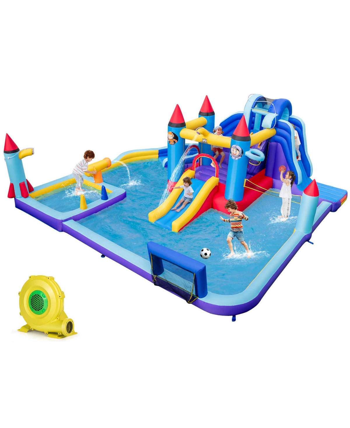 Rocket Theme Inflatable Water Slide Park with 2 Slides Splash Pool & 1100W Blower - Blue