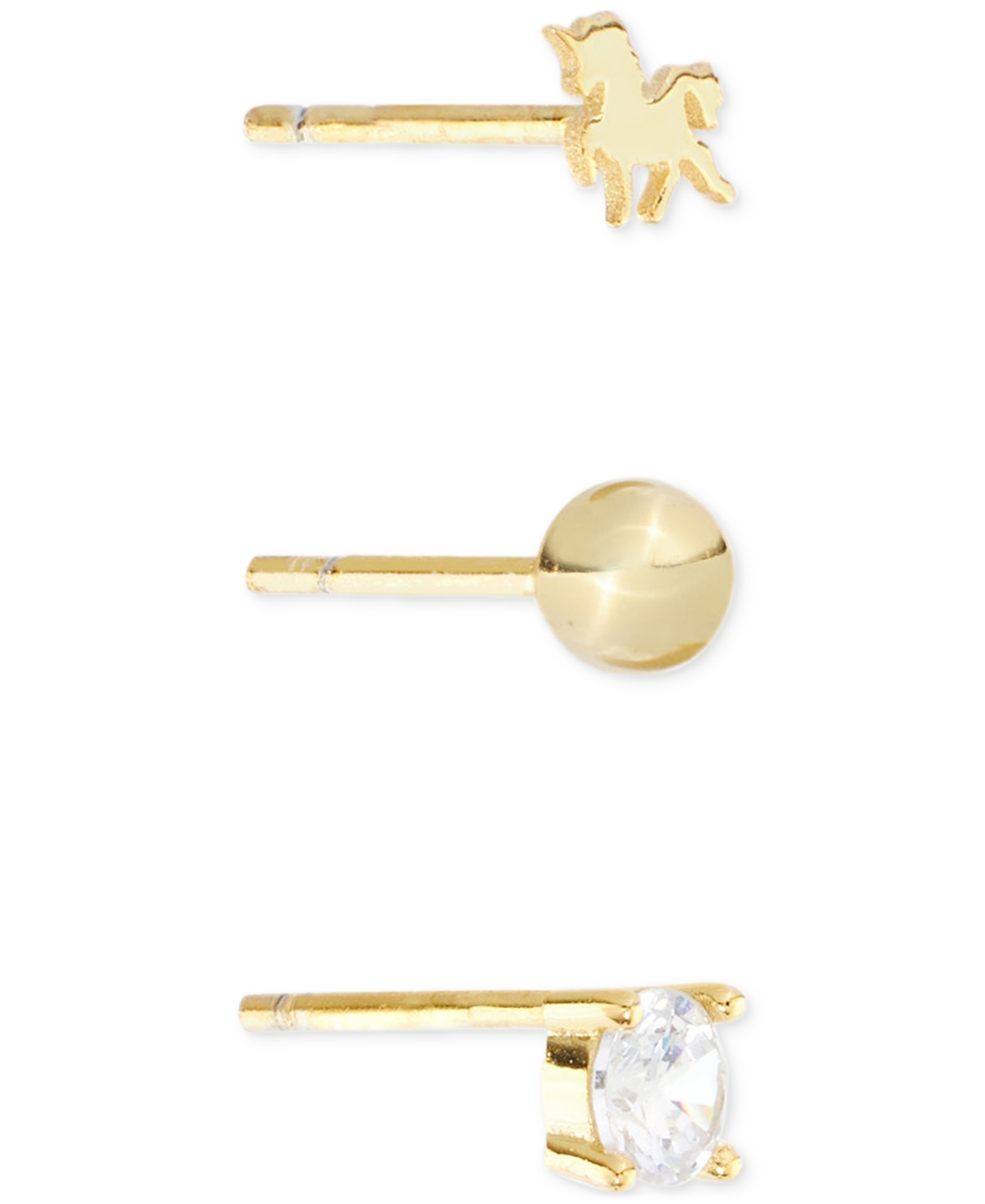Macy's Cubic Zirconia, Bead & Horse 3-pc. Set Stud Earrings (7/8 Ct. T.w.) In 14k Gold Over Sterling Silver In Gold