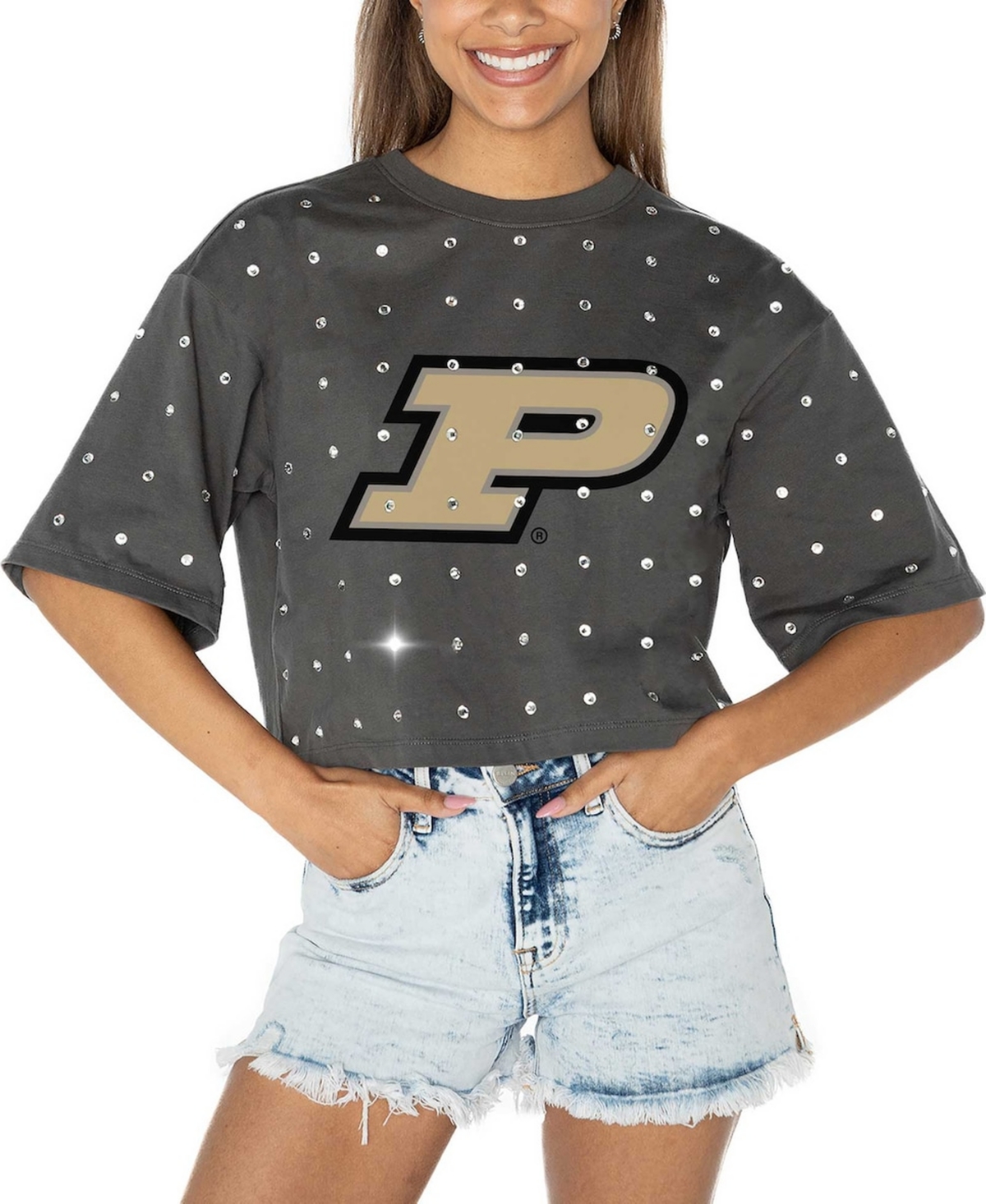 Shop Gameday Couture Women's Gray Purdue Boilermakers Go Time Rhinestone Crop T-shirt