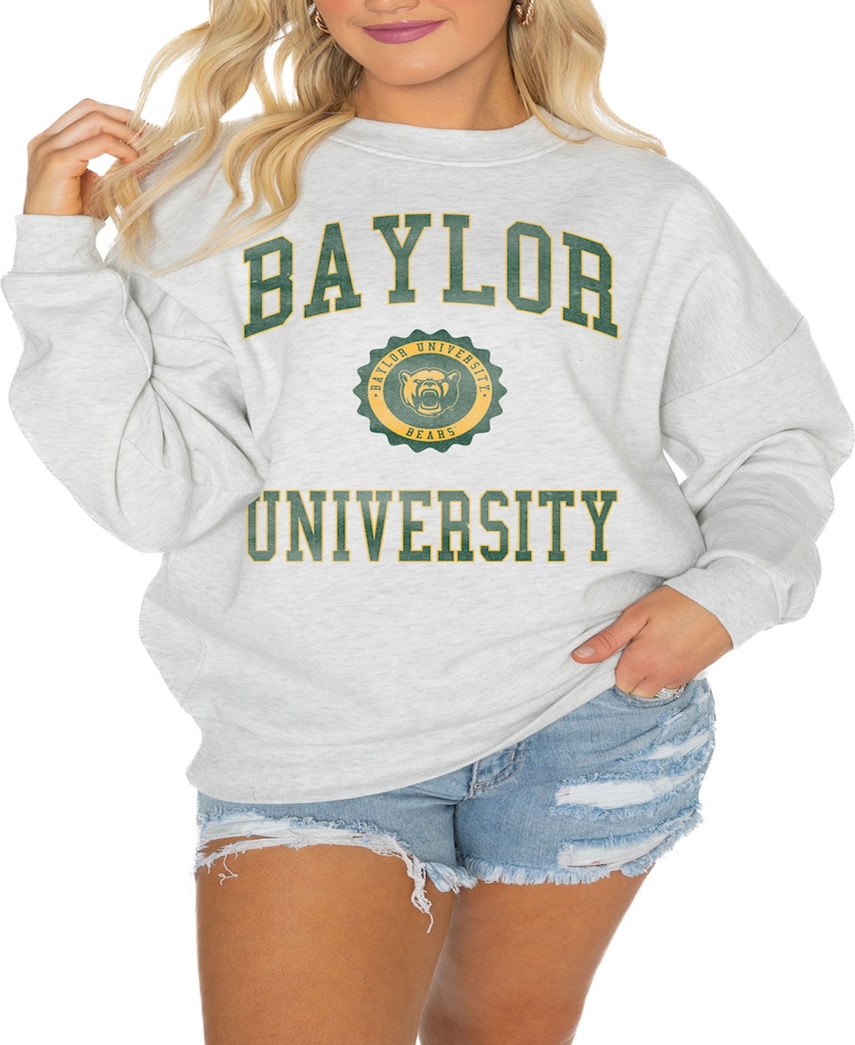GAMEDAY COUTURE WOMEN'S STEEL BAYLOR BEARS GOOD VIBES PREMIUM FLEECE DROP SHOULDER PULLOVER SWEATSHIRT 