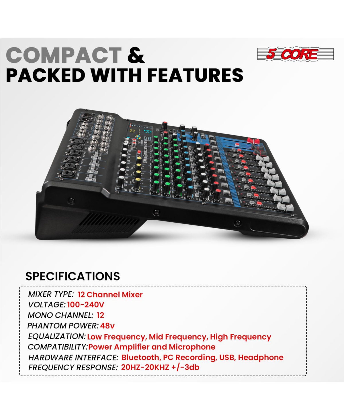 5 Core Audio Dj Mixer 12 Channel Sound Board Console w 99 Dsp Effect 48V Phantom Power