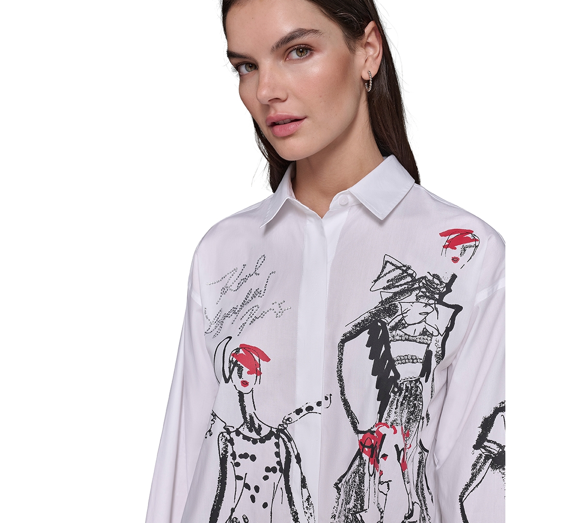 Shop Karl Lagerfeld Women's Cotton Poplin Sketch Girl Button-front Top In White