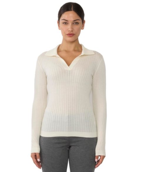 Женский свитер JENNIE LIU Tissue Weight Cashmere Silk Rib-knit Johnny Collar Polo Sweater, цвет: Слоновая кость