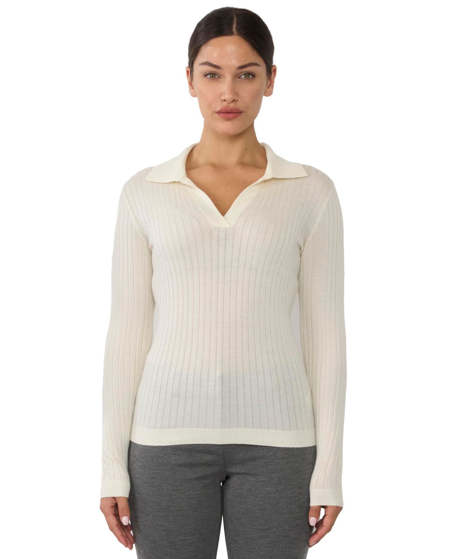 Women's Tissue Weight Cashmere Silk Rib-knit Johnny Collar Polo Sweater