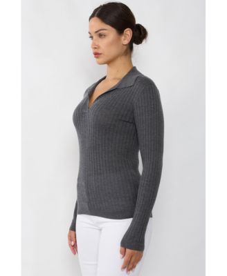 Women's Tissue Weight Cashmere Silk Rib-knit Johnny Collar Polo Sweater