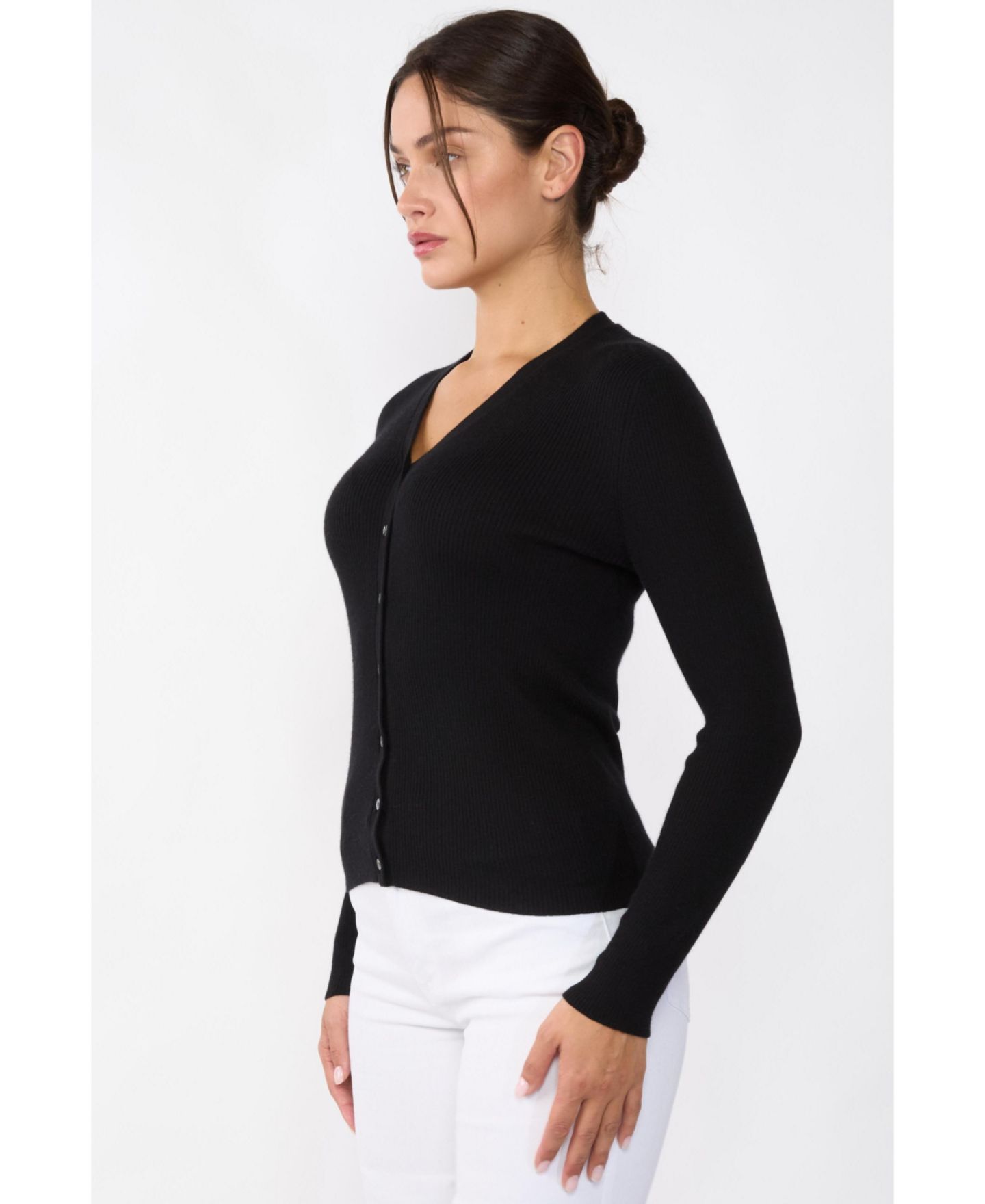 Женский кардиган JENNIE LIU 100% Cashmere V-Neck Cardigan Sweater Ribbed Tissue Weight Cashmere Sweaters, цвет: Чёрный — фото 2