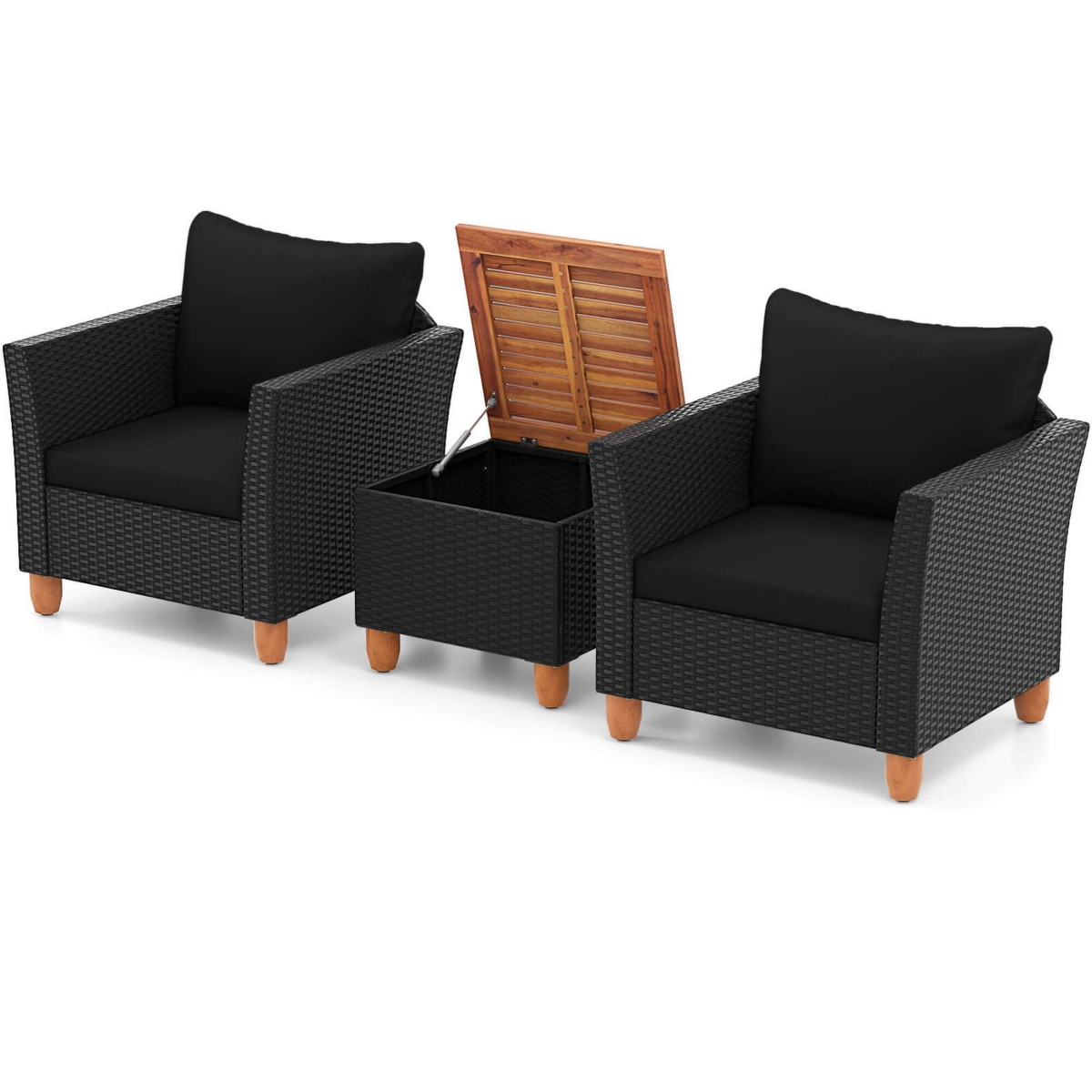 Costway 3PCS Patio Rattan Furniture Set Cushioned Sofa Storage Table with Wood Top