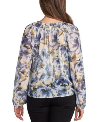 Juniors' Sheer-Print Long-Sleeve Button-Front Blouse 