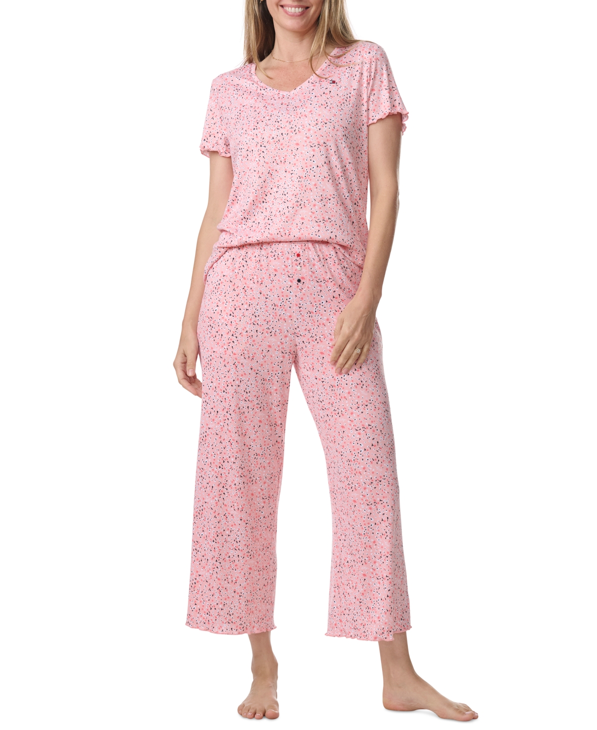 Women's 2-Pc. Short-Sleeve T-Shirt & Wide-Leg Cropped Pants Pajama Set - Sky Captain Pointelle