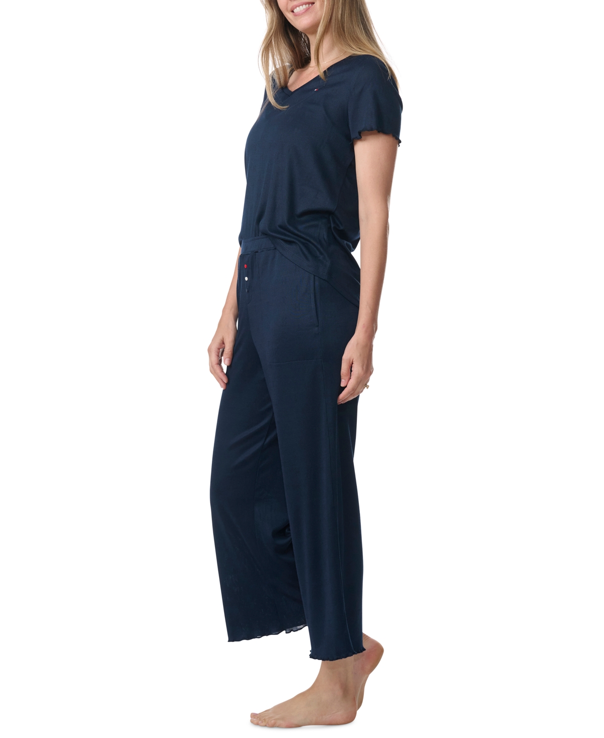 Tommy Hilfiger Women's 2-pc. Short-sleeve T-shirt & Wide-leg Cropped Pants Pajama Set In Sky Captain Pointelle