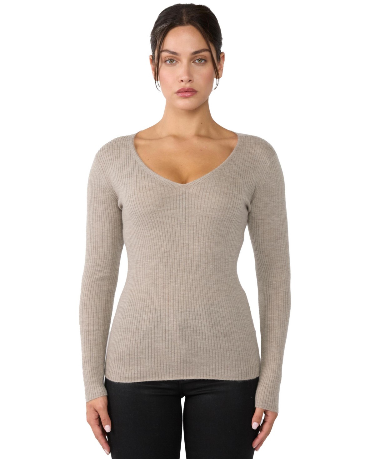 Женские JENNIE LIU Women's 100% Cashmere V-Neck Sweater | Ribbed Tissue Weight Cashmere Sweaters — фото 1