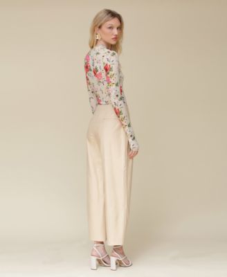 Women's Wildflower Printed Long-Sleeve Mesh Top & Faux-Leather Darted-Waist Pants