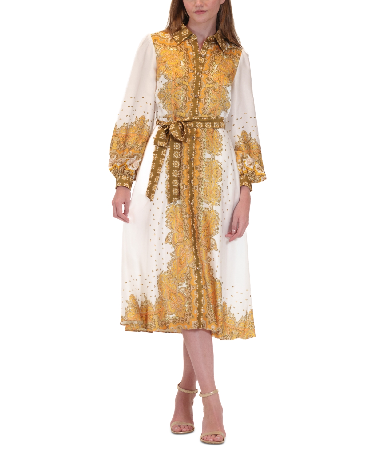 Women's Printed Button-Front Long-Sleeve Dress - Yellow Mul