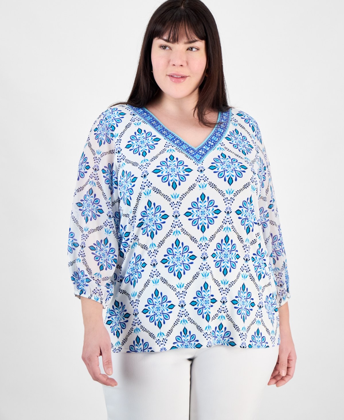 Jm Collection Plus Size Embellished V-neck 3/4-sleeve Top, Exclusively At Macy's In Neo Natural