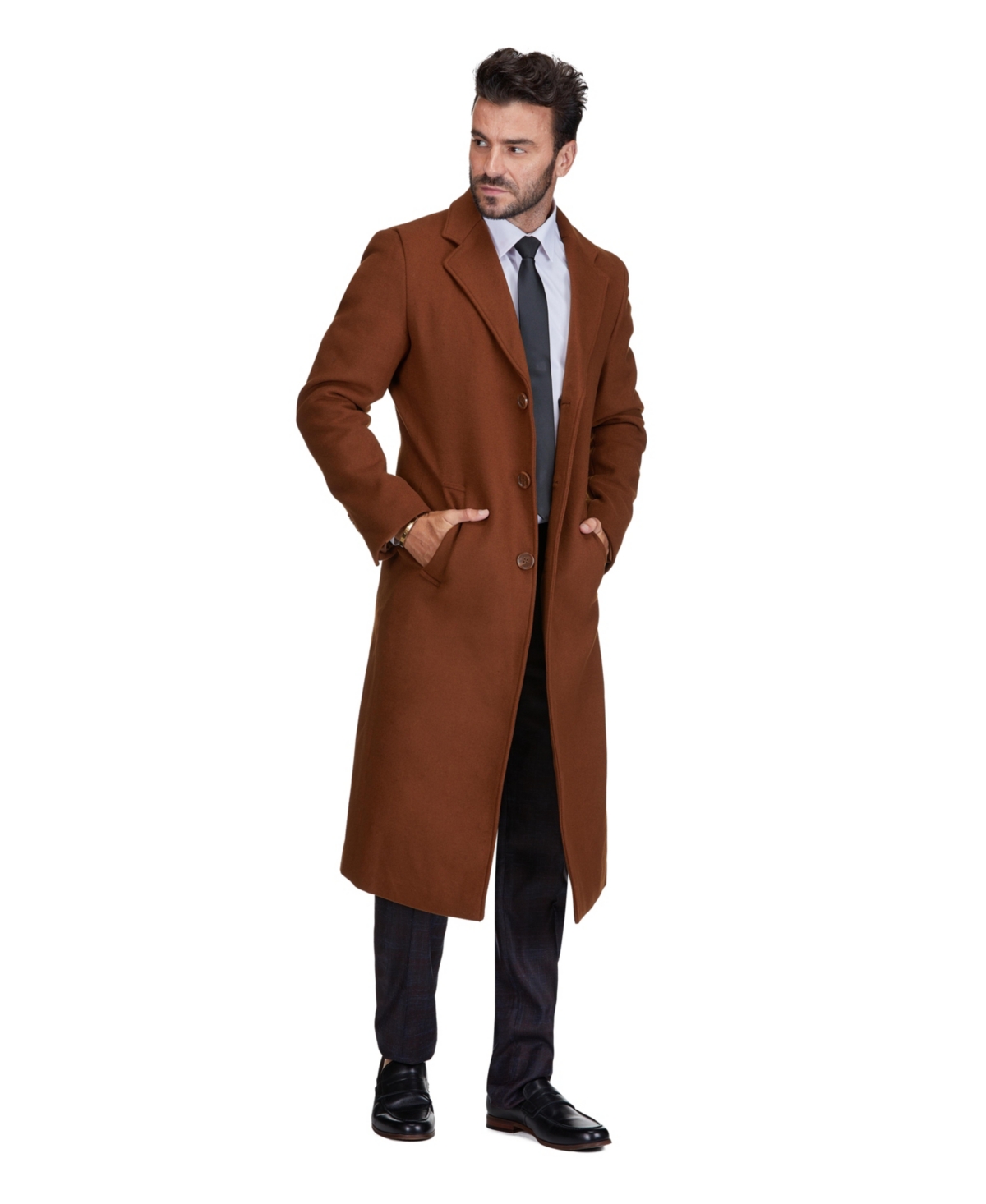 Braveman Men's Knee Length Wool Blend Three Button Long Jacket Overcoat Top Coat