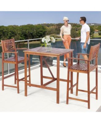 3 Pieces Acacia Wood Patio Bar Set with Sunflower Patterned Backrest