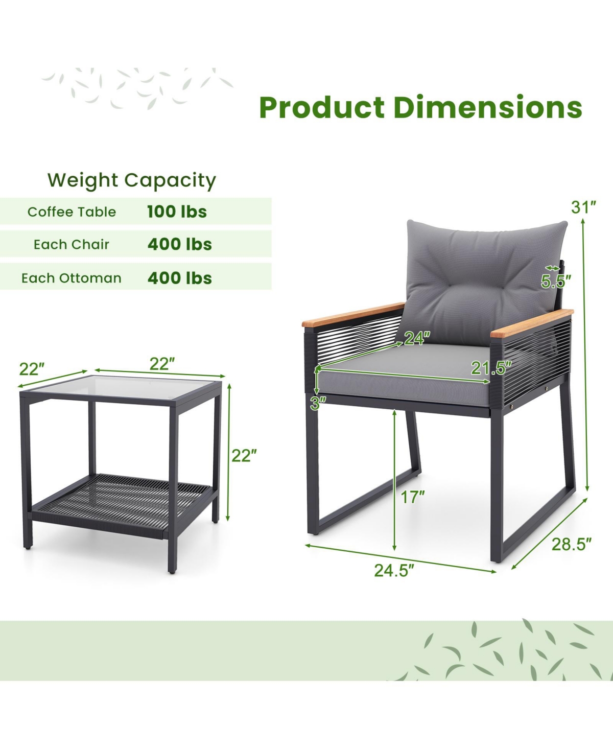 Gouun 3 Pieces Patio Furniture Set with 2 Tier Table and Soft Seat Cushions