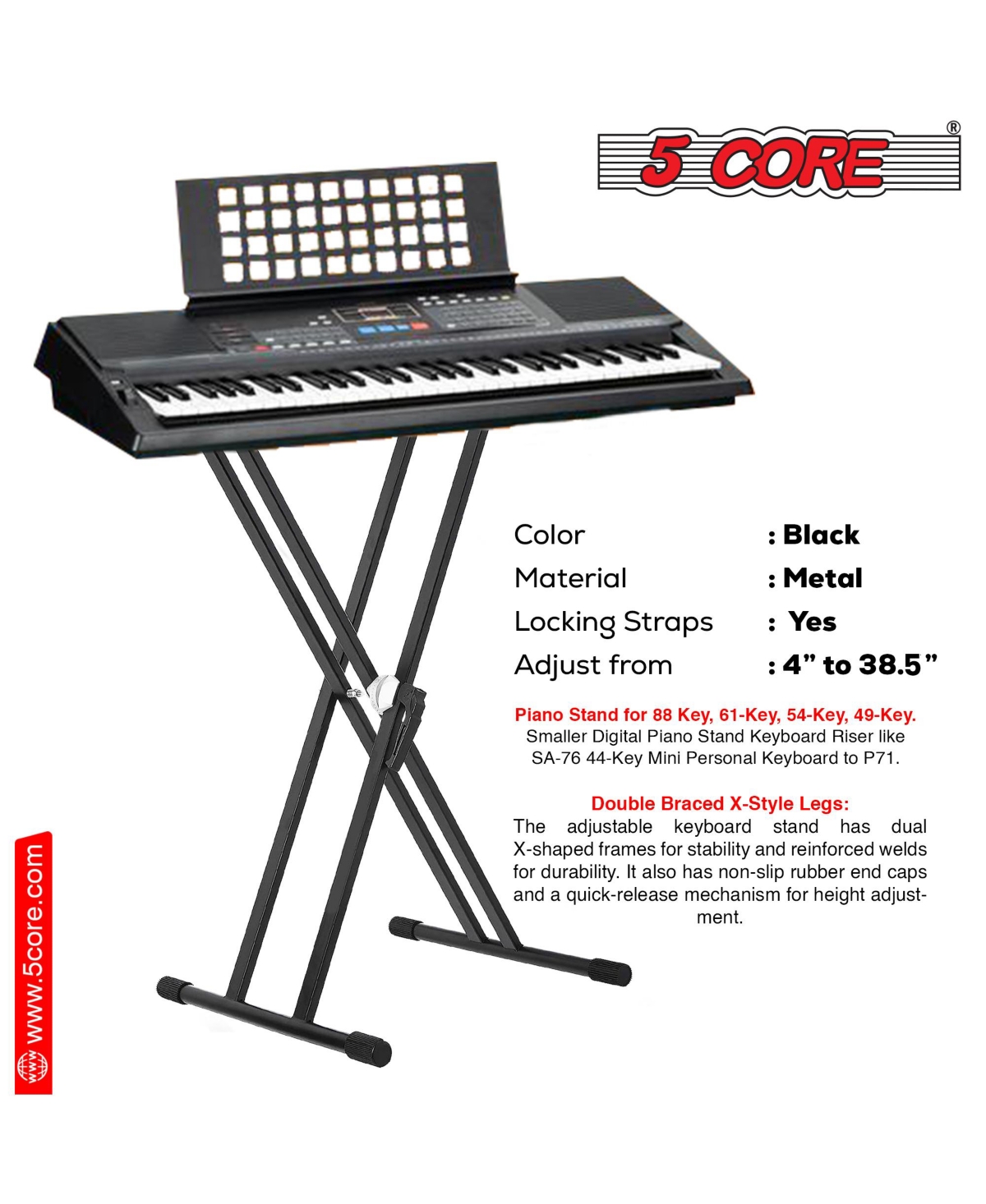 5 Core Keyboard Stand Double X Style Adjustable Piano Riser + Keyboard Piano Bench