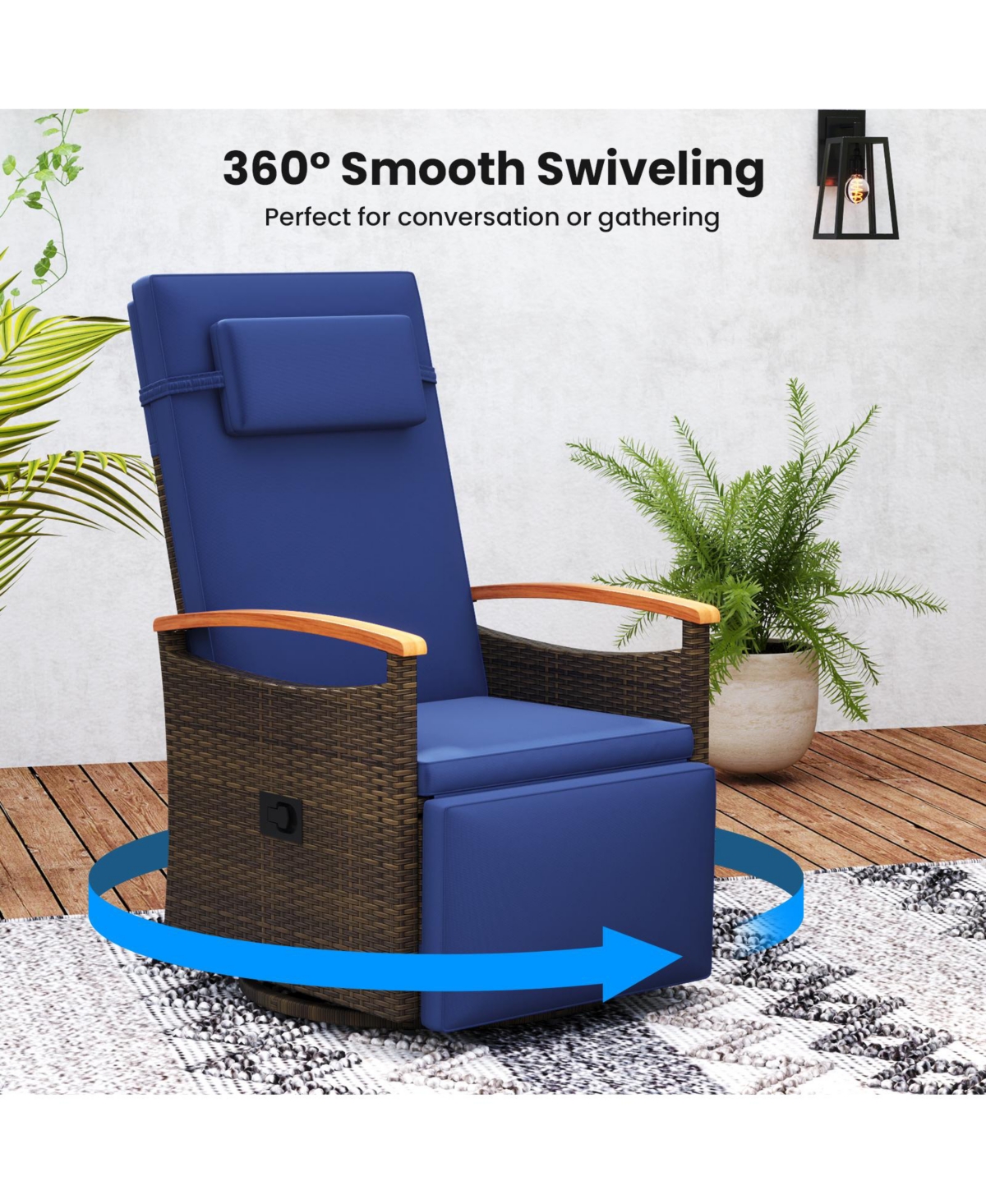 Gouun Patio Rattan 360° Swivel Recliner Chair with Adjustable Backrest and Footrest