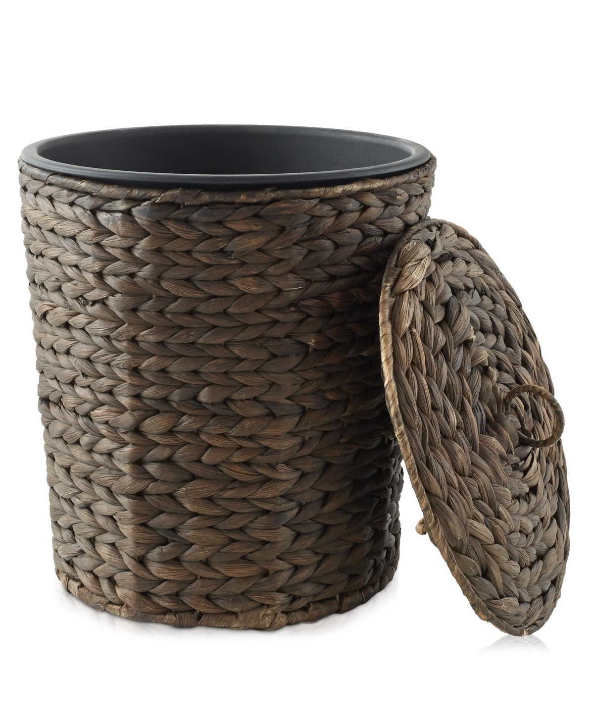 Hyacinth Trash Can with Lid and Liner - Natural, Woven Waste Basket for Garbage in the Bathroom, Bedroom, Laundry Room, Home Office - Espres
