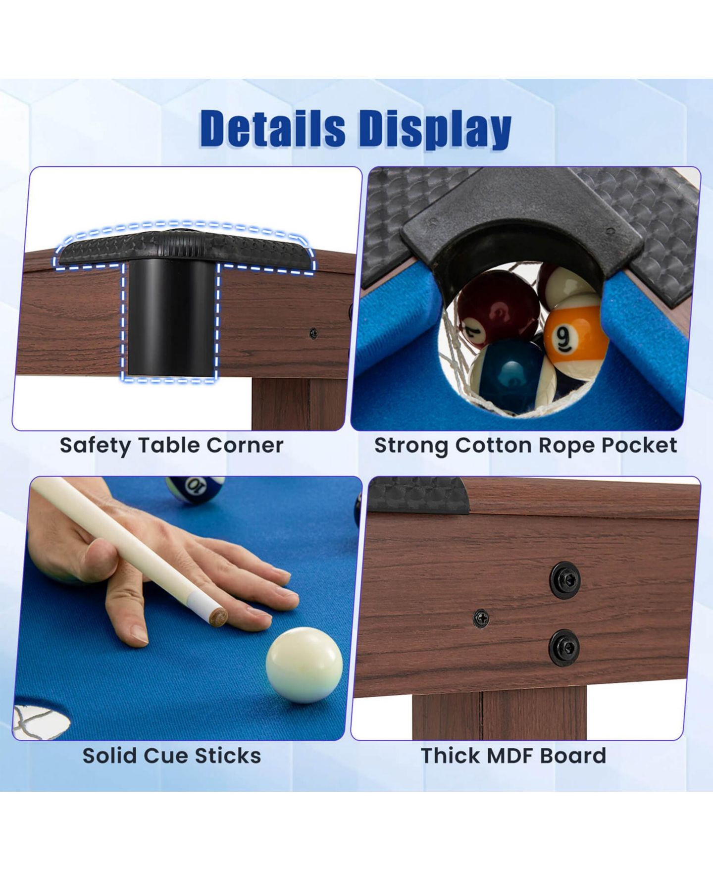 Детские игрушки Costway 48" Pool Table for Kids Adults with Full Set of Balls 2 Cue Sticks 2, цвет: Синий — фото 4