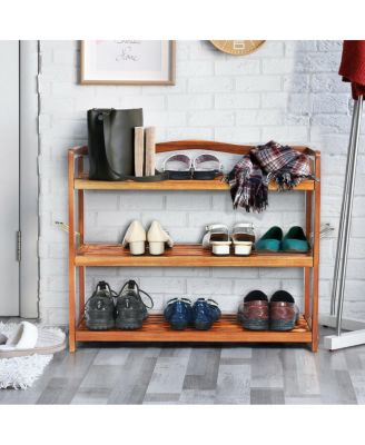 3-Tier Acacia Wood Shoe Rack with Side Metal Hooks