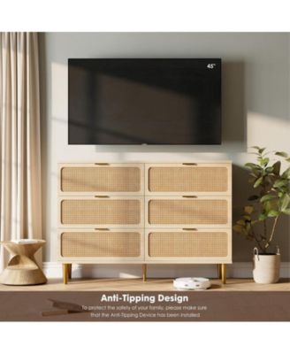 Rattan 6 Drawer Dresser for Bedroom with Wide Top, Large Double Dresser for Closet with Deep Drawers, Wooden Chest of Drawer for Living Room, Entryway, Hallway, Kids Room