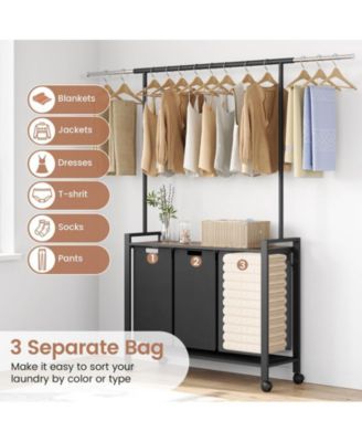 Laundry Sorter 3 Section Laundry Hamper Sorter with Clothes Hanging Rod and Wooden Storage Shelf 3 X 13gal Laundry Basket Organizer for Laundry Room Organization Storage Baskets