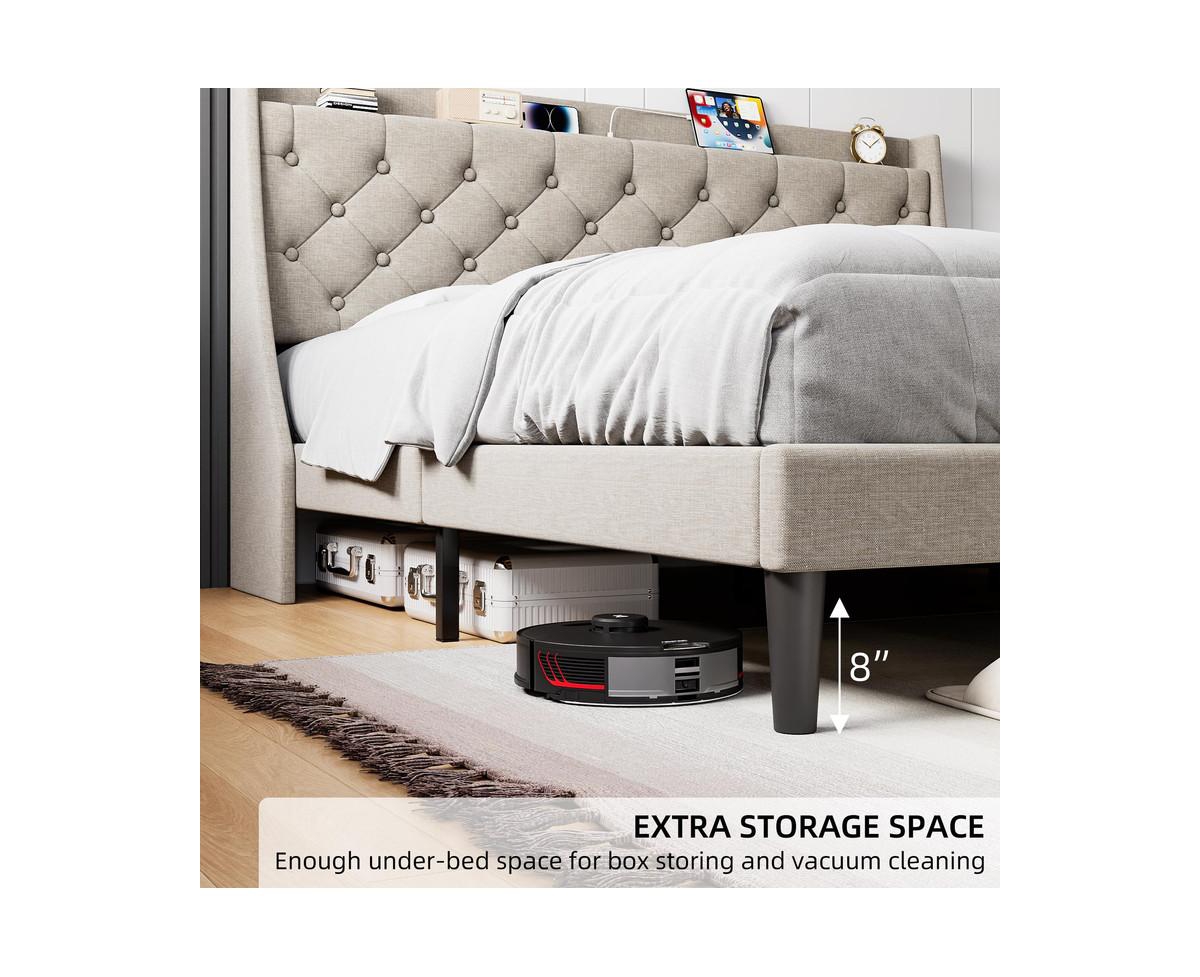 gaomon Size Bed Frame with Upholstered Wingback Headboard, Luxurious Linen Upholstery Platform Bed with Charging Station, Button Tufted Design, N