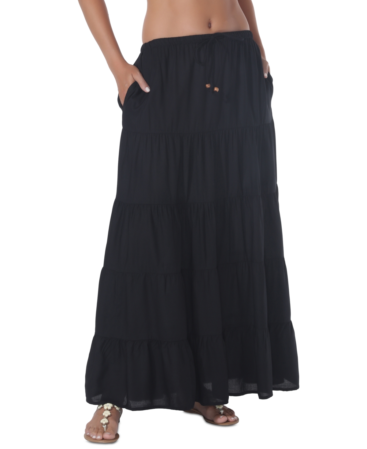 Women's Draw-Waist Tiered Skirt Cover-Up - Black