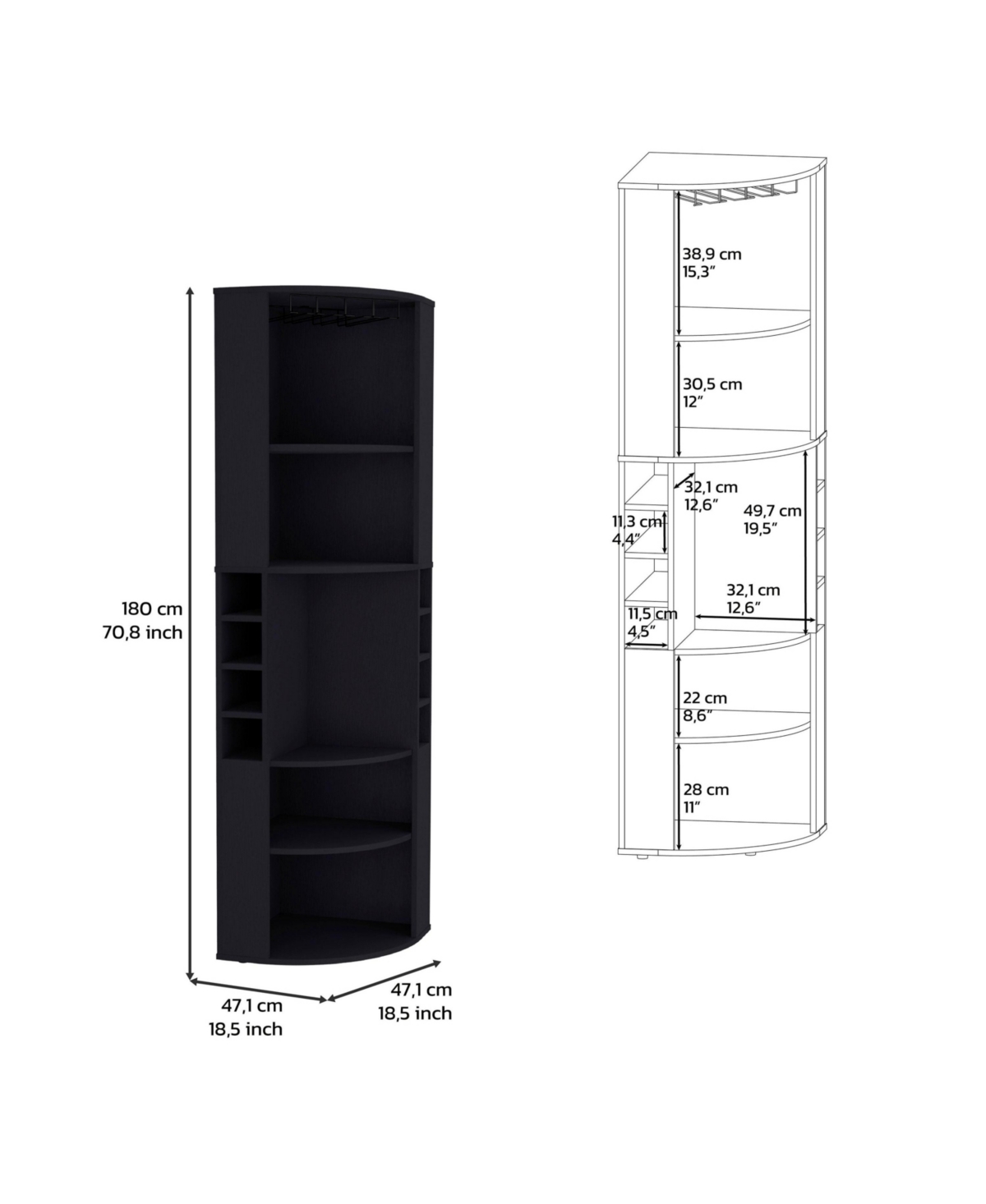 Depot E-Shop Agra Corner Bar Cabinet with Five Shelves, Eight Bottle Cubbies and Stemware,Macadamia
