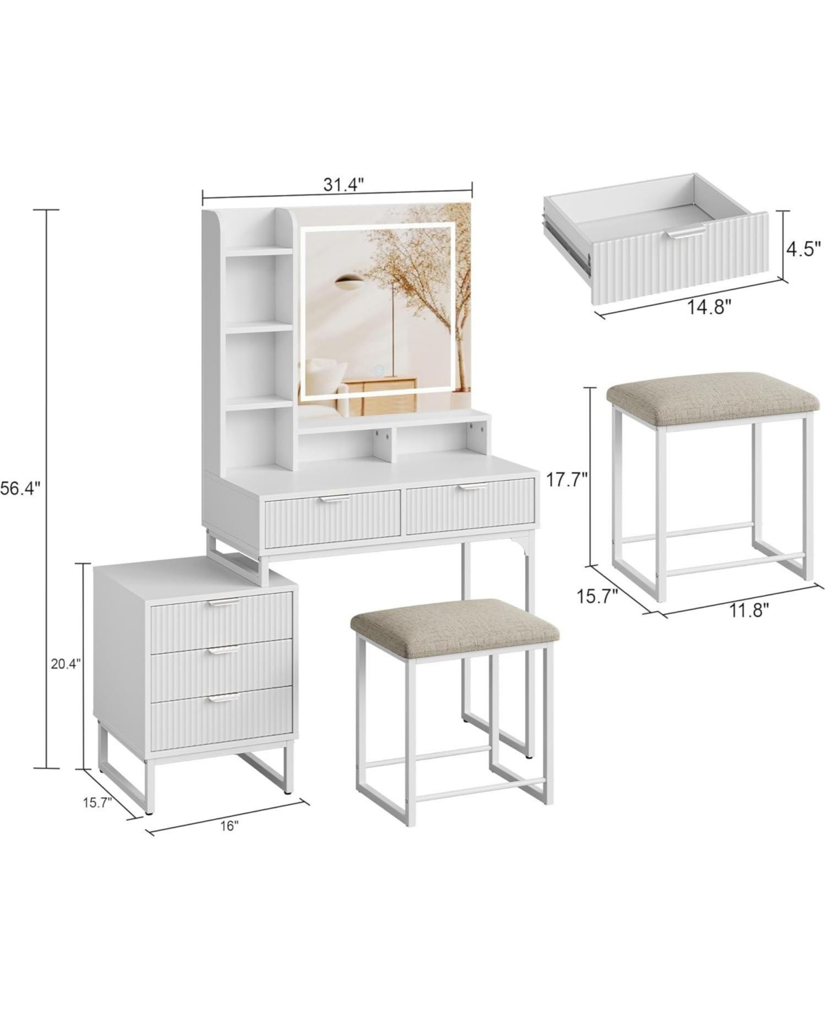 gaomon Makeup Vanity Desk with Mirror and Lights, Vanity Table with 5 Drawers