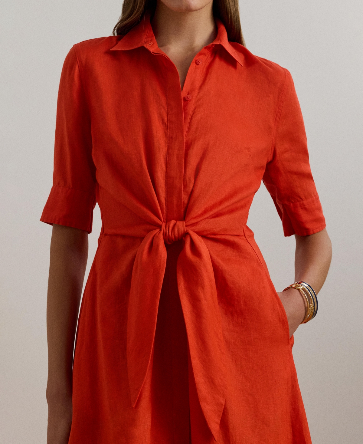 Ralph Lauren Tie-front Linen Shirtdress In Orange Lily