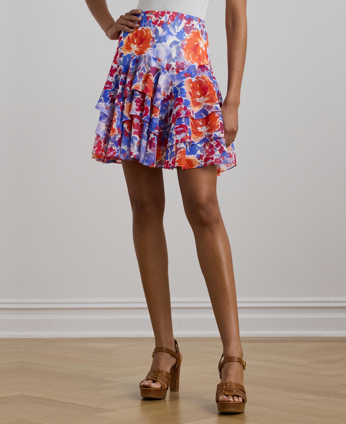 Women's Floral Crinkle Georgette Tiered Skirt - White Multi