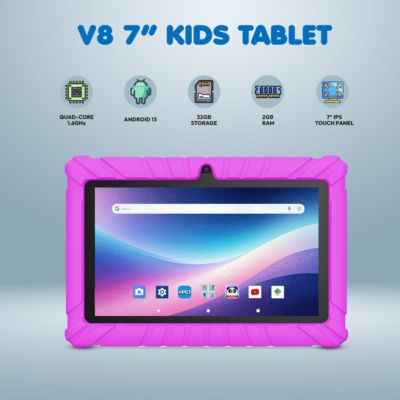 V8 Kids Tablet 32GB, 7” Screen WiFi Learning Device with Parental Controls, Shockproof Case, Epic! & LingoKids Apps