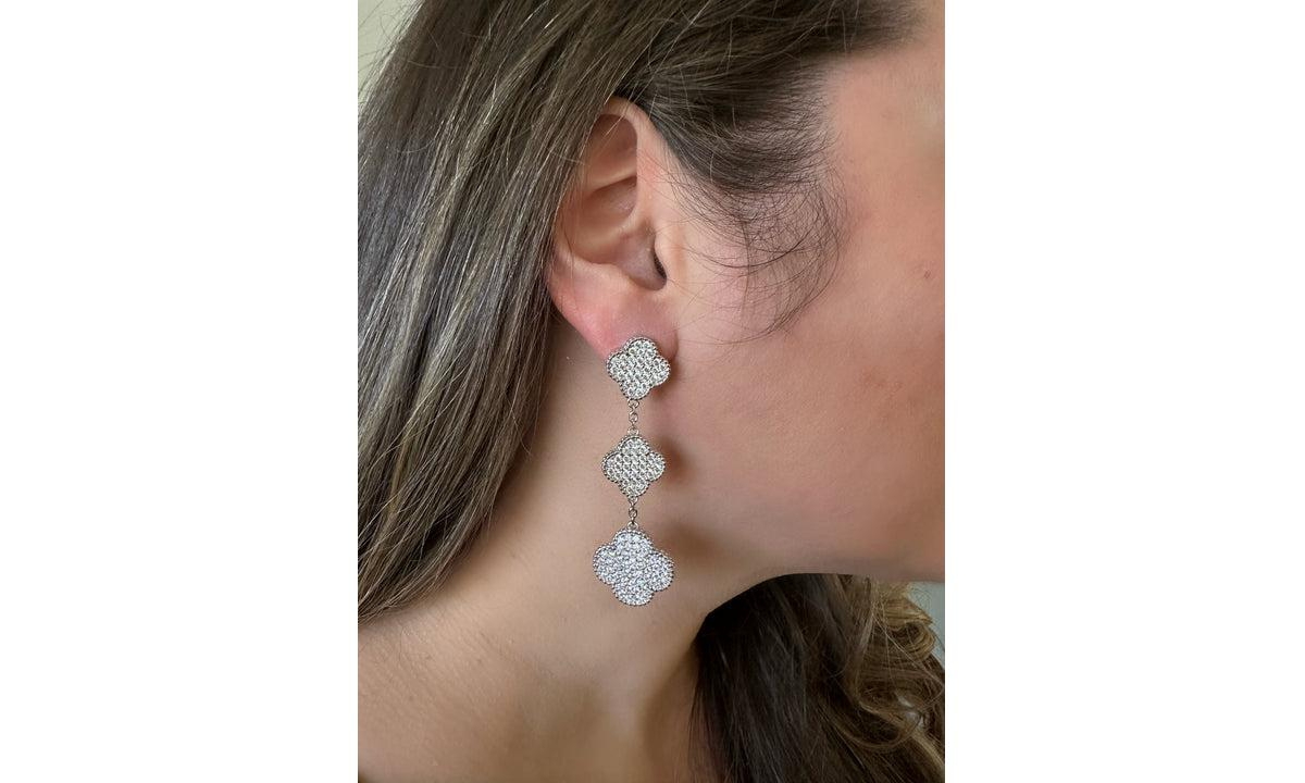 Rivka Friedman Rhodium Pave Triple Clover Dangle Earrings - Silver with clear cz