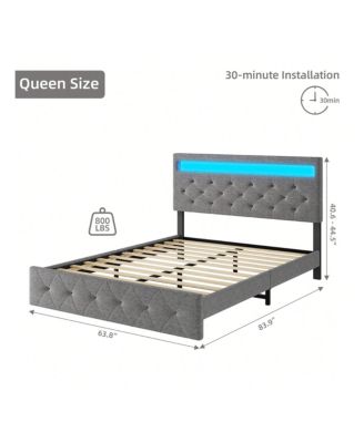 Full/Queen Size Bed Frame With LED Lights Headboard, LED Bed Frame With Fast-Charging USB Port, Upholstered Platform Bed Frame, No Box Spring Needed, Easy Assembly