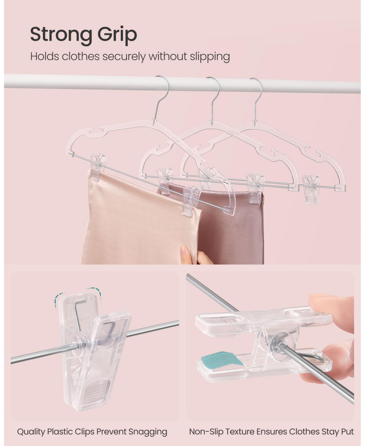 Slickblue Pants Hangers 30-Pack Clear Plastic Hangers with Adjustable Clips, Wide Shoulder Notches & 360 Swivel Hook, x 8.9 Inches for Pants, Skirt