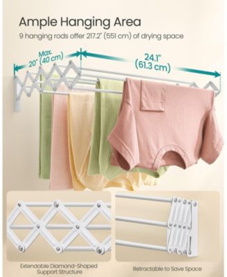 Wall-Mounted Clothes Drying Rack &amp;#x2013; Accordion Design with 9 Staggered Hanging Rods, Expandable &amp; Retractable Steel Rack